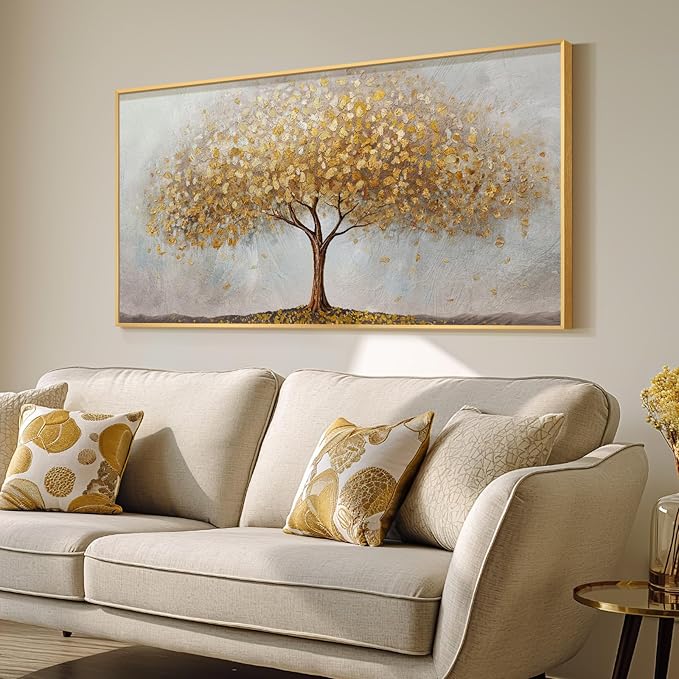 Large Framed Tree of Life Gold Wall Art, Large Canvas Prints Paintings Artwork for Walls, Modern Luxury Golden Big Tree Pictures for Living Room Fireplace Bedroom Kitchen Dining Room Office Wall Decor