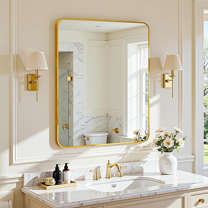 Antok Wall Mirror, 22"x30" Bathroom Vanity Mirror, Anti-Rust HD Tempered Glass, Wall Mounted Mirrors for Living Room, Entryway, Gold Frame, Rect
