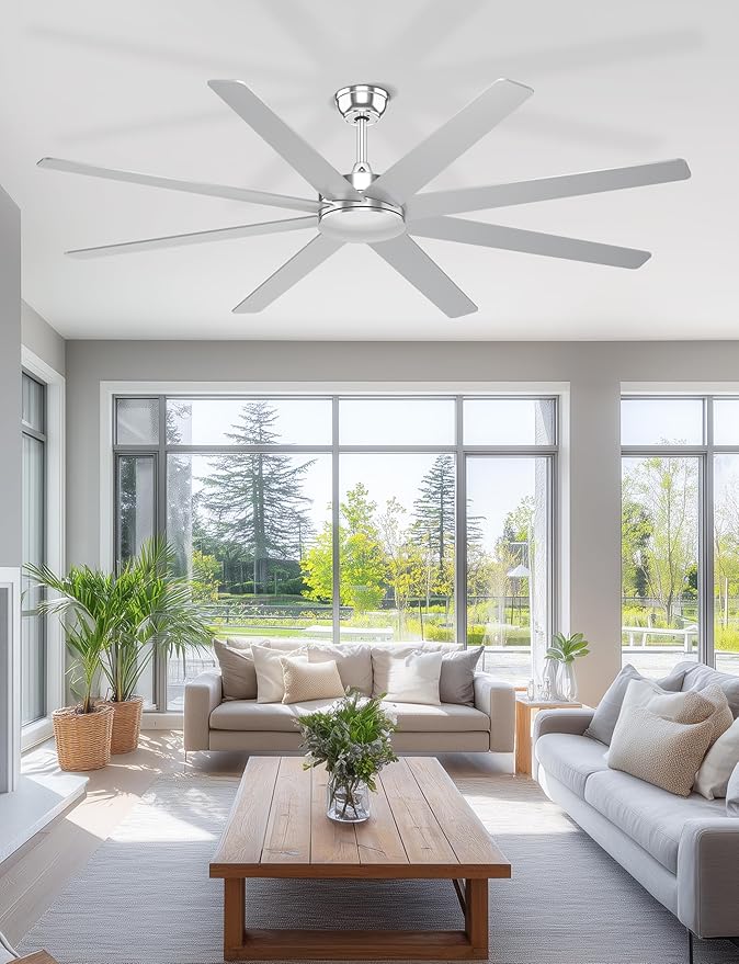 72'' Silver Ceiling Fans With No Lights, 8 Blades Large Ceiling Fan Remote/APP Control, Silent Shop Ceiling Fan for Garage Covered Outdoors