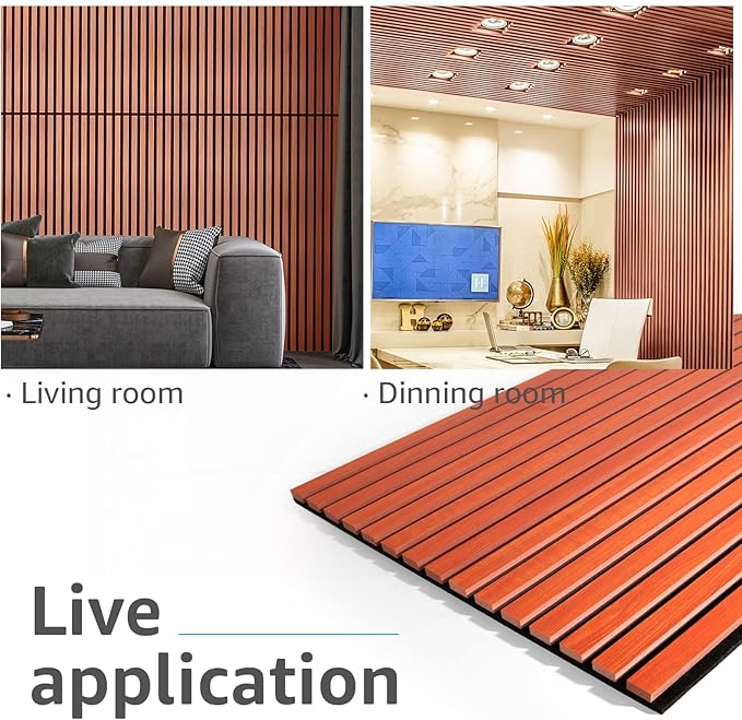 Art3d 4 Pack 47.2 x 23.6in. Wood Slat Acoustic Panels for Wall and Ceiling - 3D Fluted Sound Absorbing Panel with Wood Finish - Cherry