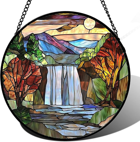 Stained Glass Window Hanging, Abstract Landscape Waterfall Mountains Trees Suncatcher for Doors Window Home Sun Catchers Decor Mother's Day Birthday Gifts for Women Men Mom 7.8 in