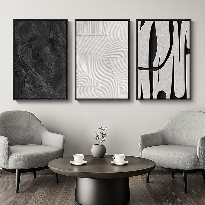 Large Framed Black and White Abstract Wall Art for Living Room, 3 Piece Canvas Prints Paintings Artwork for Walls, Modern Minimalist Pictures for Hallway Stair Office Wall Decor -Total Size 30x60 Inch