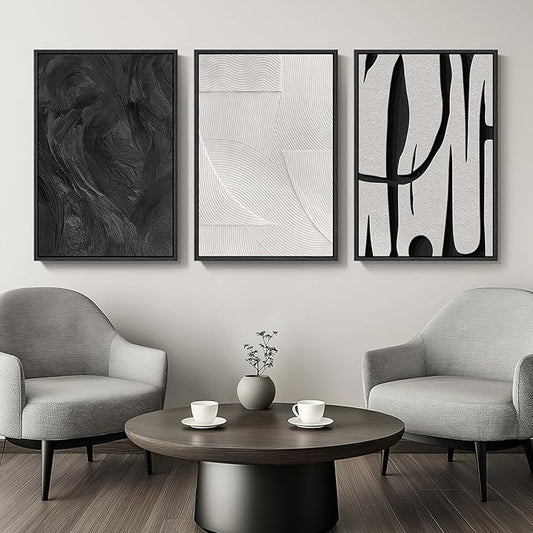 Large Framed Black and White Abstract Wall Art for Living Room, 3 Piece Canvas Prints Paintings Artwork for Walls, Modern Minimalist Pictures for Hallway Stair Office Wall Decor -Total Size 30x60 Inch