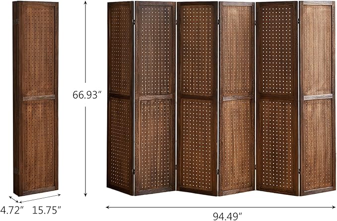6 Panel Pegboard Display with 24 Hooks, Wood Room Divider Wall, 5.6Ft Folding Privacy Screen Divider Room, Portable Freestanding Wall Organizer for Bedroom Reading Room(Dark Brown)