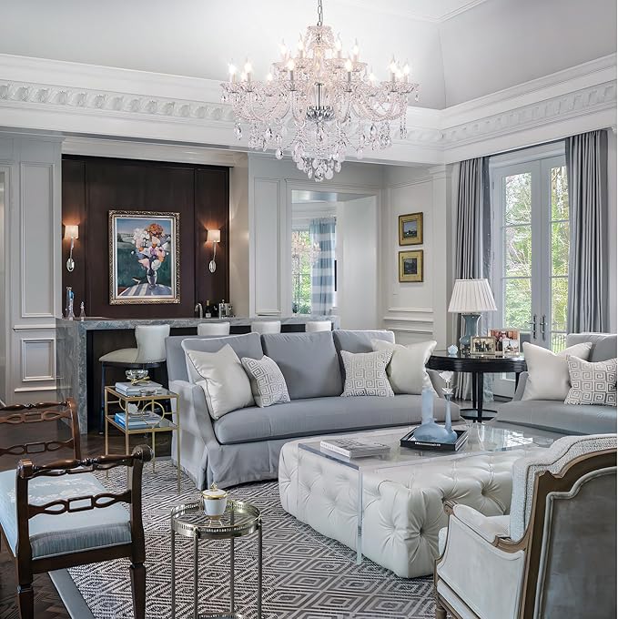 18-Light Double Layer Crystal Chandelier Transparent Modern Ceiling Pendant Light with K9 Crystal for Living Room Dining Room Bedroom Kitchen (Clear 18)