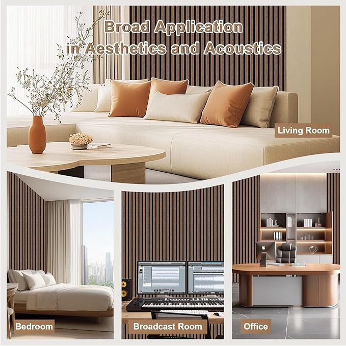 AKK-PANE 4 PCS Self-Adhesive Acoustic Wood Slat Wall Panels, 47.2" x 23.6" - 31.0ft² for Interior Wall Decor, Wall Panels Peel and Stick, Wall Wood Panels for Office Studio Bedroom Living Room(Walnut)