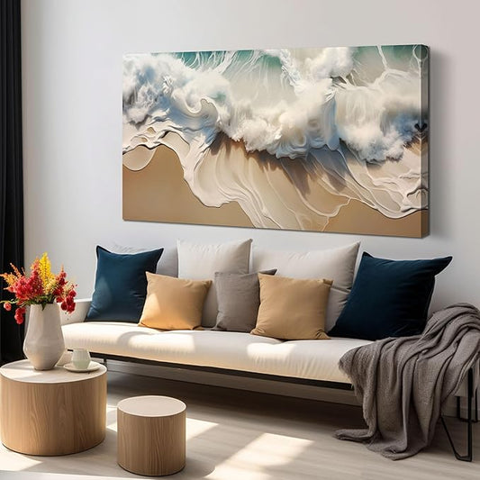 Ocean Waves Canvas Wall Art for Living Room, Beach Scenery View Home Decor Picture, Sea Waves Canvas Wall-Decoration, Modern Seaside Scene Decorative Print Artwork for Bedroom, Large Size 59x29 Inches