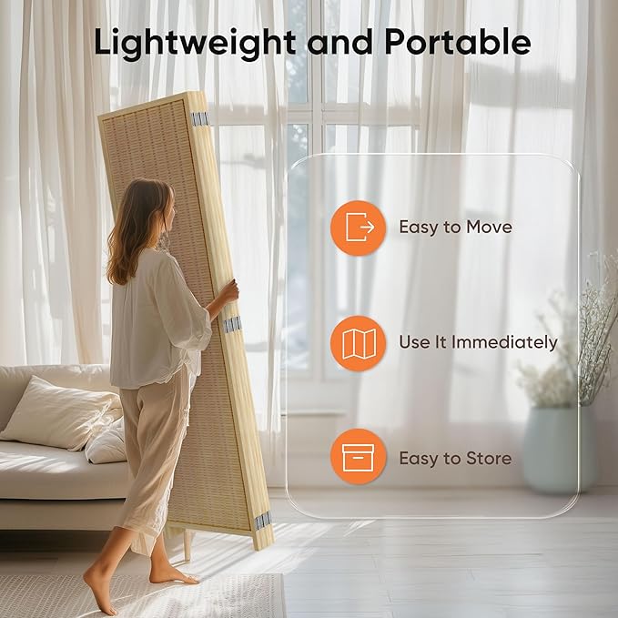 JOSTYLE Room Divider Folding Privacy Screen, 6 Panel Room Divider Screen - 6 ft. Tall Bamboo Divider Panel for Room Separation Freestanding Partition Wall, Beige