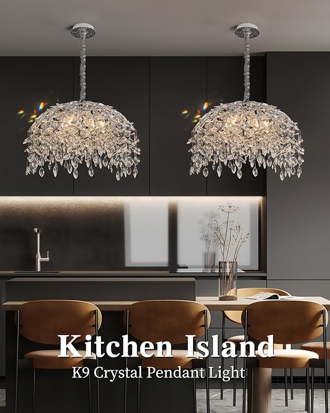 Modern Crystal Chandelier for Dining Room, 8-Light 23.62" Chrome Tree Branch Chandeliers, Luxury K9 Crystal Rectangular Chandeliers for Kitchen Island Living Room