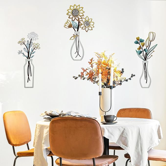 Mcdagogn 3 Pieces Metal Flowers Wall Arts - Rustic Farmhouse Wall Decor, Minimalist Beige Flower Wall Decor for Living room Bathroom Bedroom Laundry Room Kitchen Office - Housewarming Gifts