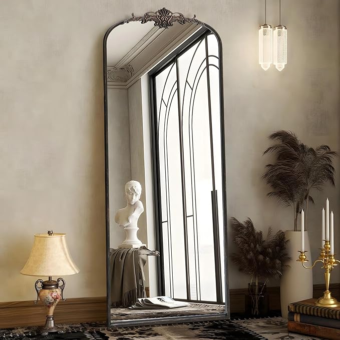 Arched Mirror Full Length: 21"x56" Black Vintage Full Body Mirror - Floor Antique Baroque Traditional Ornate for Entryway/Cloakroom/Bedroom/Living Room - Home Decor for Homemakers