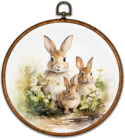BCUANGD Vintage Bunny Round Wall Art Decor - Retro Easter Rabbit Botanical Wall Art Canvas Frame Artwork Prints, Boho Rustic Country Round Wall Hanging Decorations for Home Bedroom Farmhouse, 10"x10"