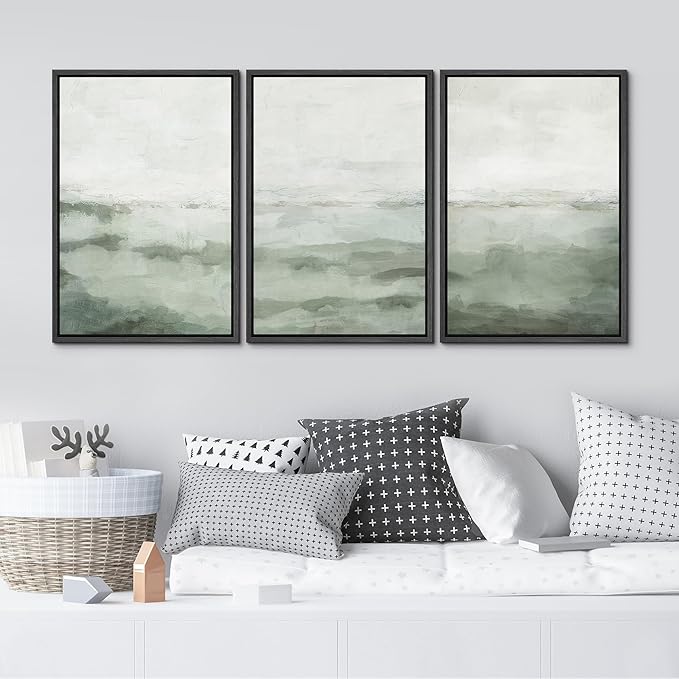 MUDECOR Framed Canvas Print Wall Art Sage Green Abstract Prints Minimalist Modern Wall Art Decor for Bedroom - 16"x24"x3 Black