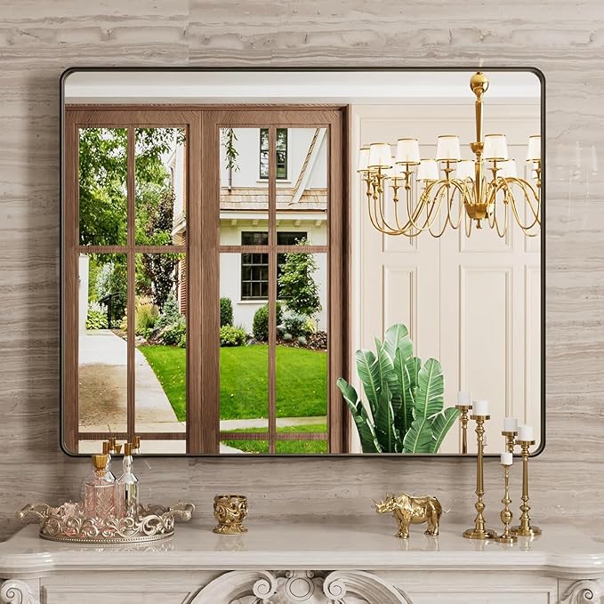 Black Bathroom Mirror 40X32 Inch, Black Metal Framed Mirror for Wall, Rounded Rectangle Matte Bathroom Vanity Mirror with Tempered Glass, Anti-Rust, Horizontal/Vertical