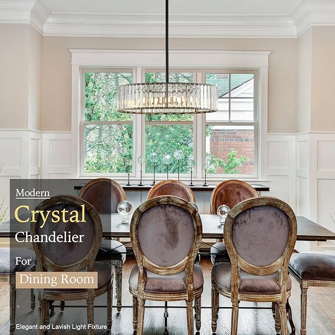 Modern Crystal Black Chandelier for Dining Room,19.7 inch Semi Flush Mount Ceiling Dining Room Light Fixture with E12 Base*6,Round Pendant Lighting for Bedroom Hallway Bathroom Foyer Kitchen