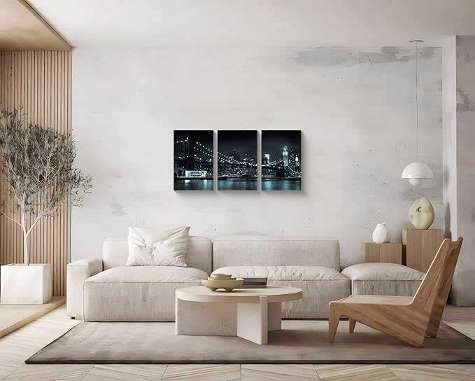 NAN Wind 3 Pcs Wall Art Brooklyn Bridge Black Canvas Art Paintings For Room Decor Manhattan Skyline Cityscape New York Skyscrapers Picture Prints On Canvas For Home Decor Modern Giclee Framed