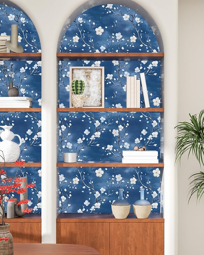 Blue Floral Peel and Stick Wallpaper Boho Leaf Contact Paper Blue Flower Removable Self Adhesive Waterproof Wall Paper for Cabinet Drawers Wall Decor Renter Friendly 17.5''x118''