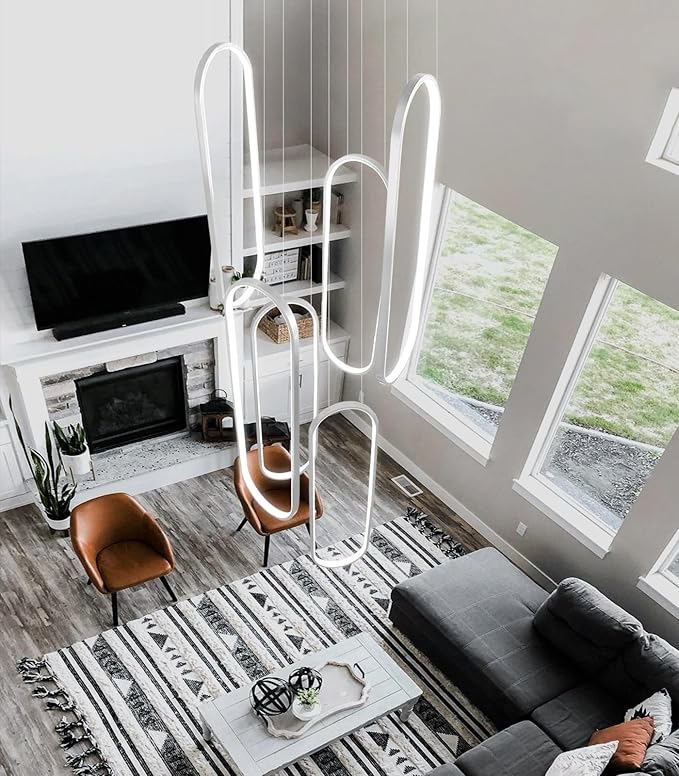 6 Rings Modern Chandelier LED Dimmable Pendant Lighting High Ceiling Chandelier for Entrance Foyer Lobby Staircaes Sliver 118''