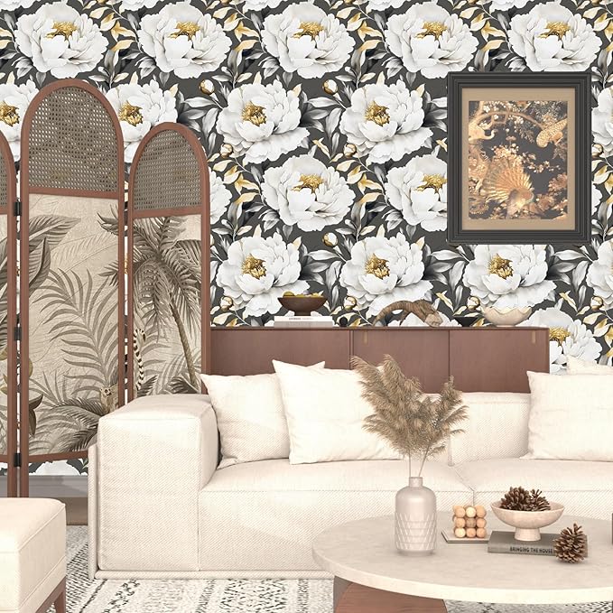 Boho Wallpaper Peel and Stick Dark Floral Wallpaper for Cabinet 17.5x118in Waterproof Removable Modern Large Flowers Leaf Wall Paper for Room Walls Bathroom Decor