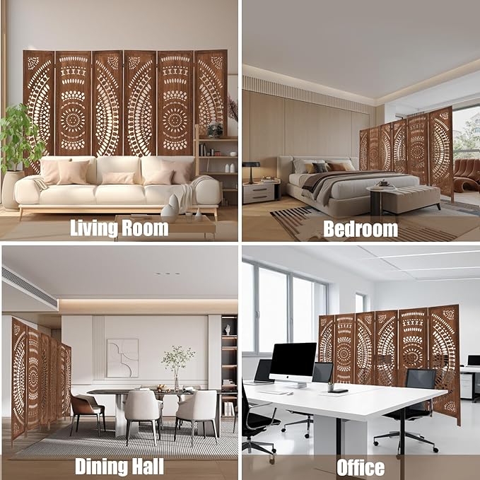 6 Panel Wood Room Divider Fully Assembled, Decorative Room Dividers and Folding Screens, 5.6Ft Room Divider Screen Freestanding Partition Wall Dividers for Home Bedroom Office, Dark Brown