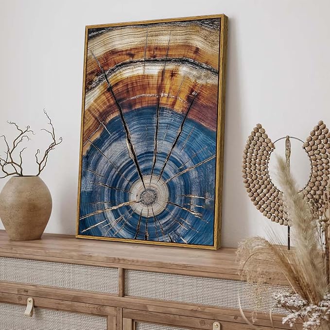 BingruiArt Framed Tree Ring Canvas Wall Art Abstract Wood Wall Decor Boho Modern Colorful Nature Painting Wood Stump Prints Pictures for Living Room Bedroom Bathroom Office 16"x24" Natural Framed(02)