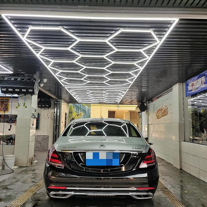Car Detailing Led Garage Light,15 Hexagonal Grid Systems Led Shop Lights for Garage/Workshop with White Border, 6500K IP54 AC100-240V(191 “x96”)