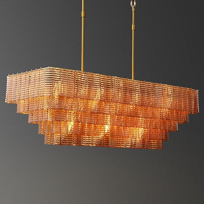 Large Chandelier for Dining Room, 59" 11-Light Amber Rectangular Chandeliers for High Ceilings, Modern Gold Kitchen Island Hanging Light Fixture for Living Room, Dining Room, Kitchen Island, Foyer