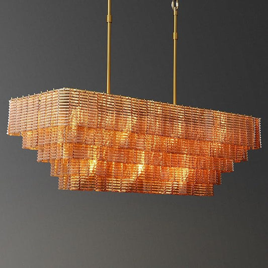 Large Chandelier for Dining Room, 59" 11-Light Amber Rectangular Chandeliers for High Ceilings, Modern Gold Kitchen Island Hanging Light Fixture for Living Room, Dining Room, Kitchen Island, Foyer