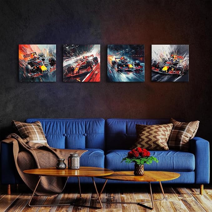 Abstract Supercar Wall Art for Man Cave Colorful Formular Car Pictures Cool Boys Bedroom Posters Black and White Cyberpunk Vehicle Canvas Prints Sport Artwork Playroom Office Home Decoration 16x16" 4P