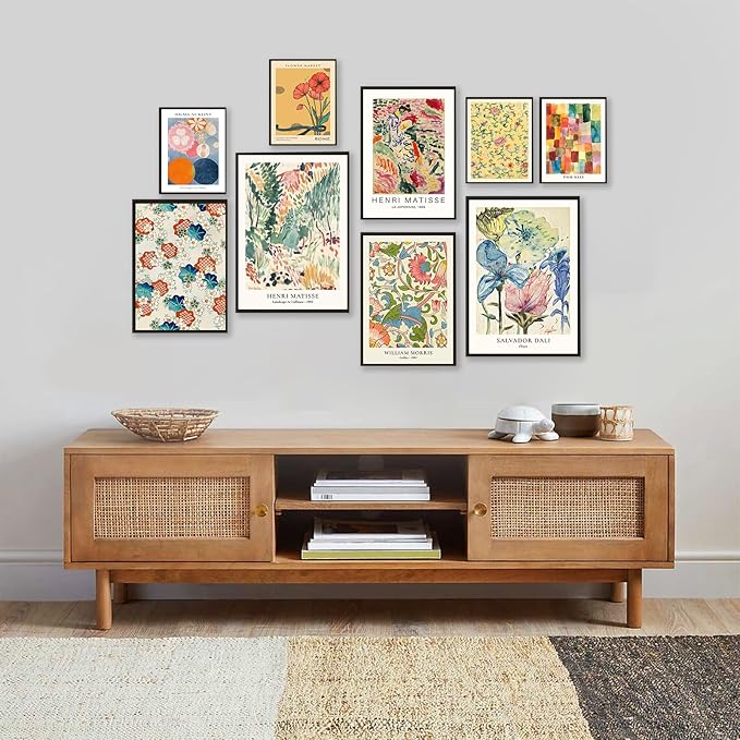 KBKBART Colorful Eclectic Wall Art Prints, 9 PCS Vintage Eclectic Wall Decor Matisse William Morris Flower Market Maximalist Home Decor, Trendy Maximalism Famous Artist Painting Pictures for