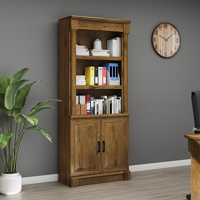 72" Roman Column Bookcase with Double Door Cabinet, 5 Tiers Tall Bookshelf Shelves Storage Anti Tip Kit, Classic American European Modern Multi Style Design for Living Room Study Office, Vintage Oak