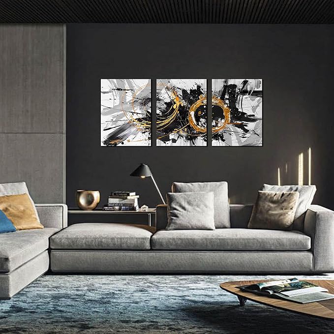 CIRABKY Black, White and Gold Abstract Painting - 3 Piece Canvas Wall Art for Living Room and Office - Size 12" x 16"