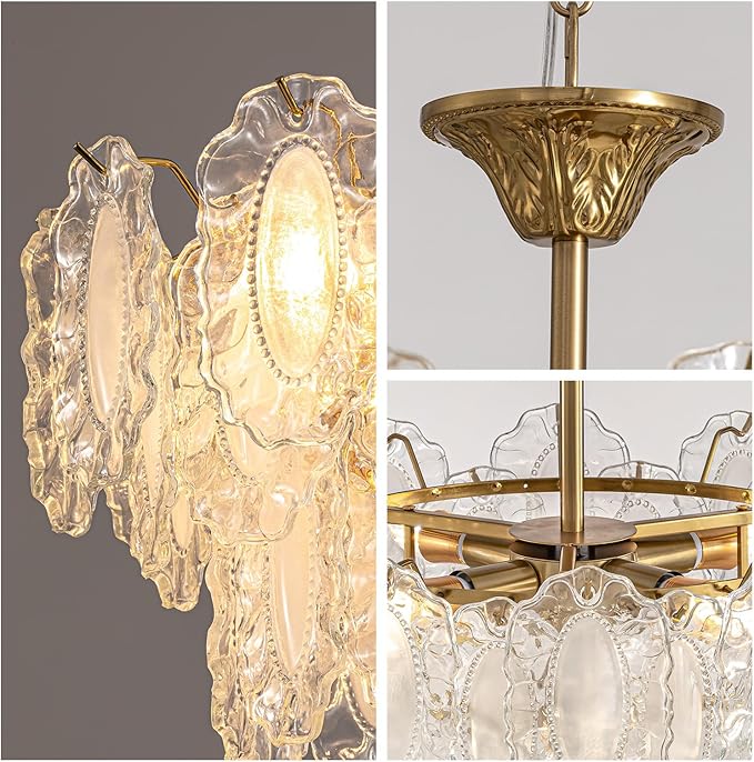 7PM Modern Gold Glass Chandelier, Antique Crystal Chandeliers 3-Layer 6 Light Round Pendant Chandelier for Dining Room Kitchen Island Living Room Bedroom 59" Height Adjustable, 20inch