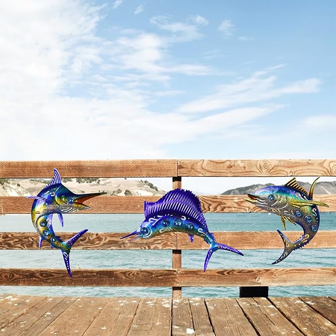Metal Fish Wall Art Decor, 3-Piece Marlin Tuna Swordfish Set, Blue and Gold Tropical Ocean Theme Outdoor Wall Christmas Decor for Patio Garden Yard, Decorative Hanging Sculptures Christmas Decoration Gift
