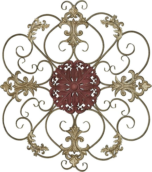 Touch of Class Lambridge Metal Wall Art Grille | Gold, Black, Ruby Red Medallion | Vintage Scrolling Openwork Designs | Traditional Style Decor