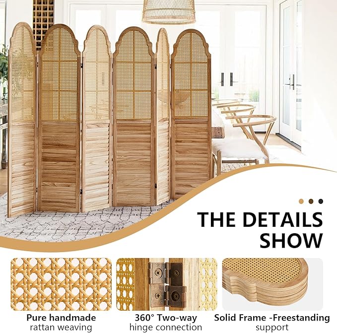 6 Panel Rattan Room Divider, 6 FT Tall Portable Partition Solid Wood Frame Folding Privacy Screen, Partition Room Divider Ideal for Bedroom Living Room Office, Light Brown