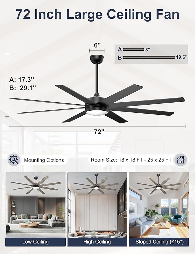 72'' Large Ceiling Fans with Lights, Modern Black Ceiling Fan Remote/APP Control, Dimmable, Quiet DC Motor Big Ceiling Fan for Indoor/Covered Outdoor