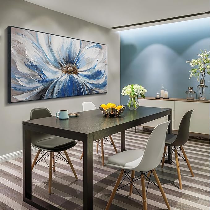 Mofutinpo Flower Wall Art Canvas Art Wall Decor For Living Room Home Decor Bedroom Pictures Aesthetic Blue Large Wall Art Framed Artwork For Walls Modern Kitchen Decor 29×58 Blacke Framed