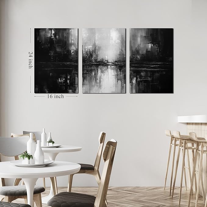 Large Abstract Canvas Wall Art for Living Room,Black and White Pictures Wall Art for Bedroom 16 x 24 Inch x 3 Pieces