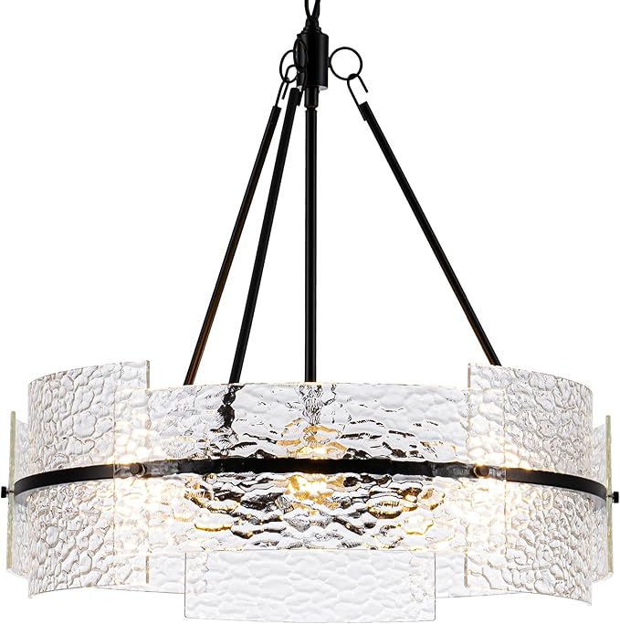 MAYNA Modern Dining Room Chandelier 22.2” Black Textured Glass Chandelier Luxury Drum Crystal Light Fixture Farmhouse Round Hanging Lighting for Dining Room Kitchen Island Living Room Hallway Bedroom