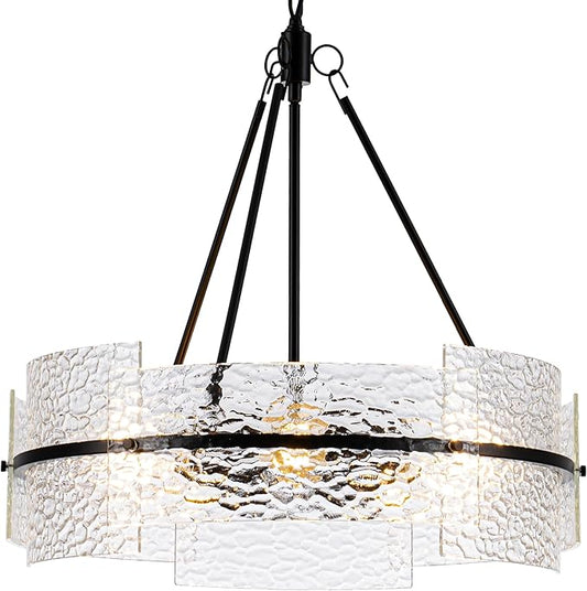 MAYNA Modern Dining Room Chandelier 22.2” Black Textured Glass Chandelier Luxury Drum Crystal Light Fixture Farmhouse Round Hanging Lighting for Dining Room Kitchen Island Living Room Hallway Bedroom