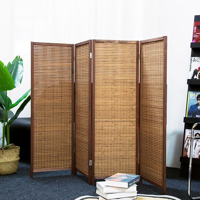 4 Panel Room Divider Short Folding Screen Divider,Double Sided Bamboo Divider Screen for Room Separation,Brown,47.2" H x 61.4" W