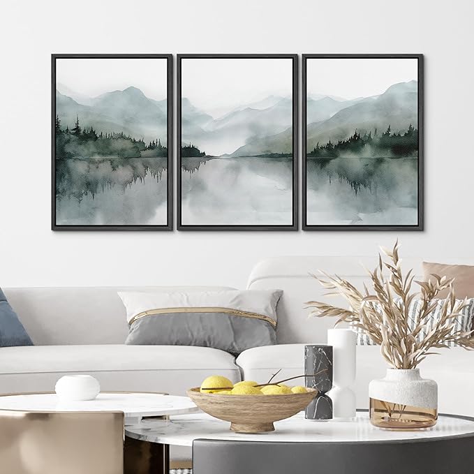 MUDECOR Framed Wall Art Print Set Misty Mountain Lake Watercolor Serene Illustrations Modern Art Boho Decorative Colorful Chic for Living Room, Bedroom, Office - 24"x36"x3 Black
