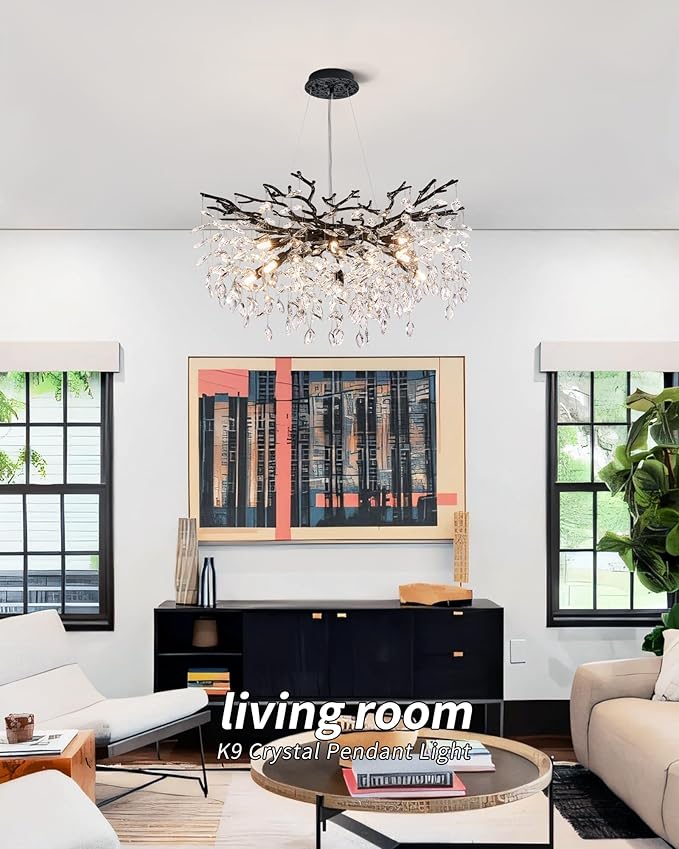 Modern Tree Branch Crystal Chandelier Luxury Black Crystal Pendant Lighting 30" Contemporary 10-Light Chandeliers for Dining Room Kitchen Bedroom Living Room
