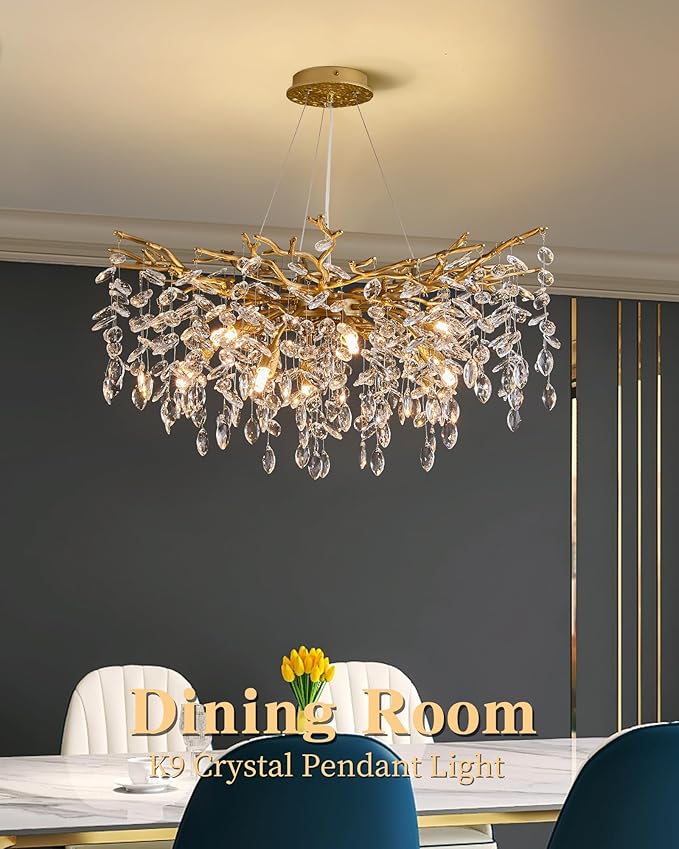 Modern Tree Branch Crystal Chandelier Luxury Gold Crystal Pendant Lighting 30" Contemporary 10-Light Chandeliers for Dining Room Kitchen Bedroom Living Room