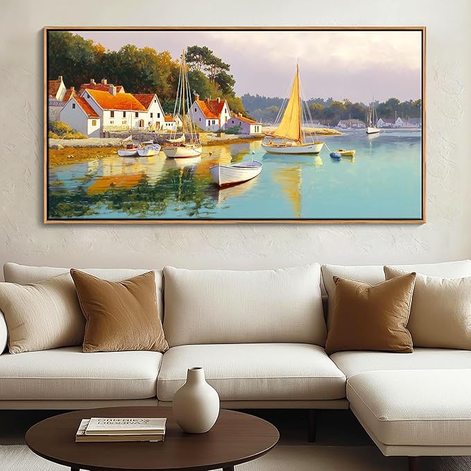 AJAZIKO Coastal Wall Art - Rustic Ocean & boat Canvas Art for Living Room & Bedroom Decor - Framed Landscape Artwork for Walls - Italian Farmhouse & Country Wall Decor Print Pictures24x48IN