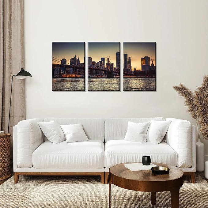NAN Wind 3PCS New York City Skyline Canvas Wall Art Brooklyn Bridge at Sunset Golden Hour Manhattan Cityscape Pictures Canvas Artwork East River Reflection Modern Urban Home Decor Living Room Office