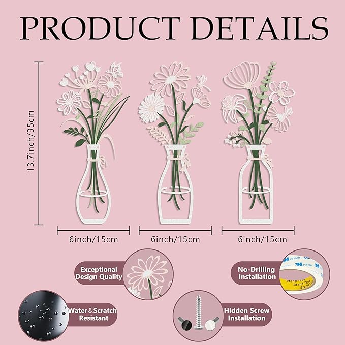 3 Pieces Metal Flower Wall Art - Wordless Minimalist Floral Silhouettes in Vases, Black Rustic Farmhouse Decor for Living Room, Bedroom, Bathroom, Dining Room, Housewarming Gift(Pink -White)