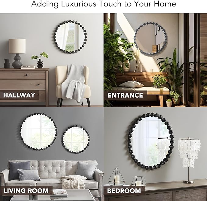 Madison Park Round Mirror, Metal Frame Circle Mirror 27 inch, Wall Art Decor Mounted Hanging for Entryway, Bathroom, hallway, Living Room, Vanity, Marlowe, Black