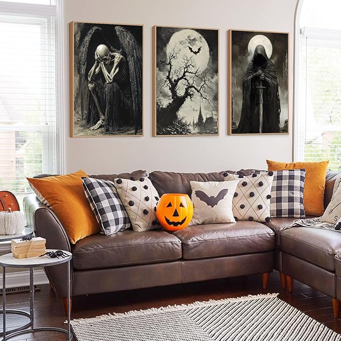 LHIUEM 16”X24”X3-Halloween Pictures Wall Art Large Gothic Posters Dark Academia Sword Michael Myers Artworks Witchy Wall Decor Aesthetic Halloween Skull Whimsical Goth Framed Decor for Living Room